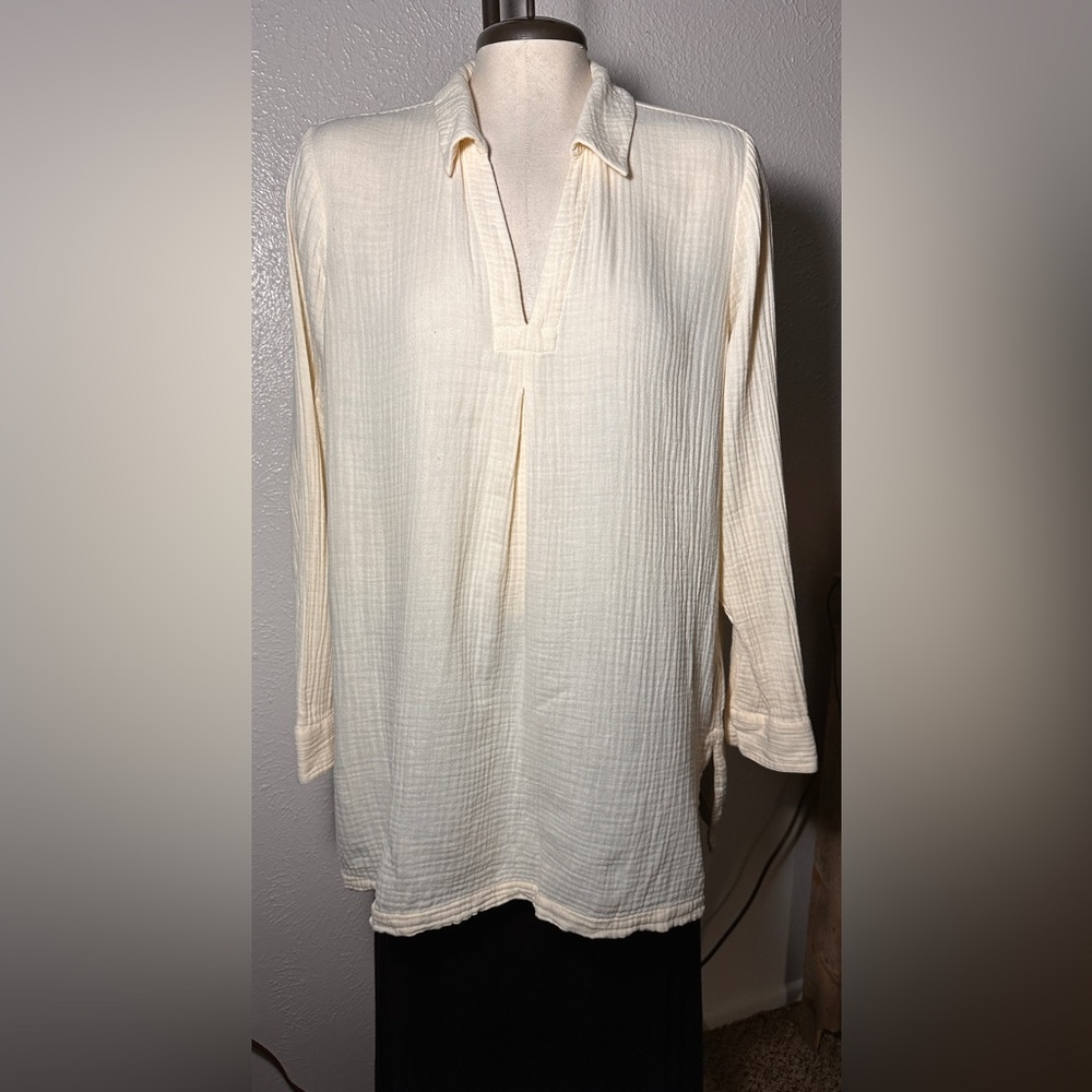 Soft Surroundings cotton Gauze v-Neck Tunic Top Medium Butter Cream Blouse
